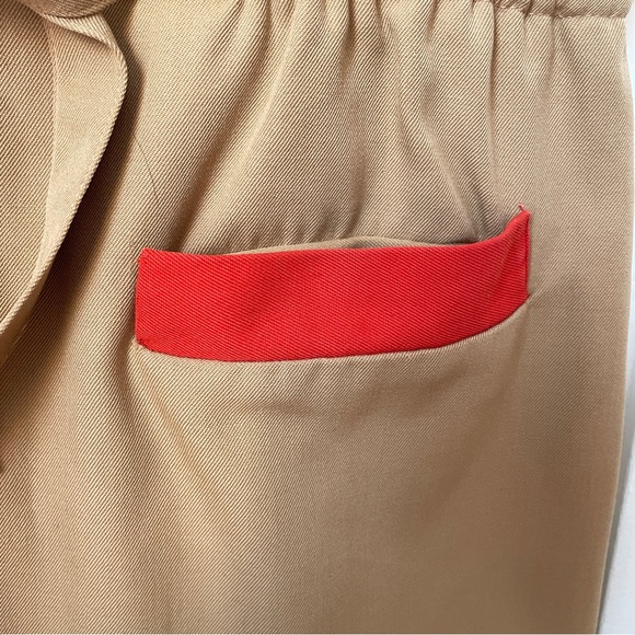 Vintage Tan Wool Shirt Dress with Orange Red Collar, Trim, Belted - Picture 14 of 16